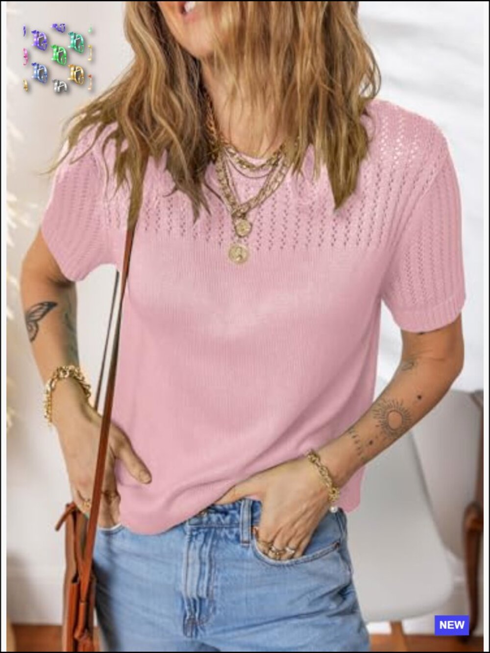 Hollow Out Knit Pullover Sweater Crew Neck Short Sleeve Loose Fit Blouse Y2K - Picture 4 of 7
